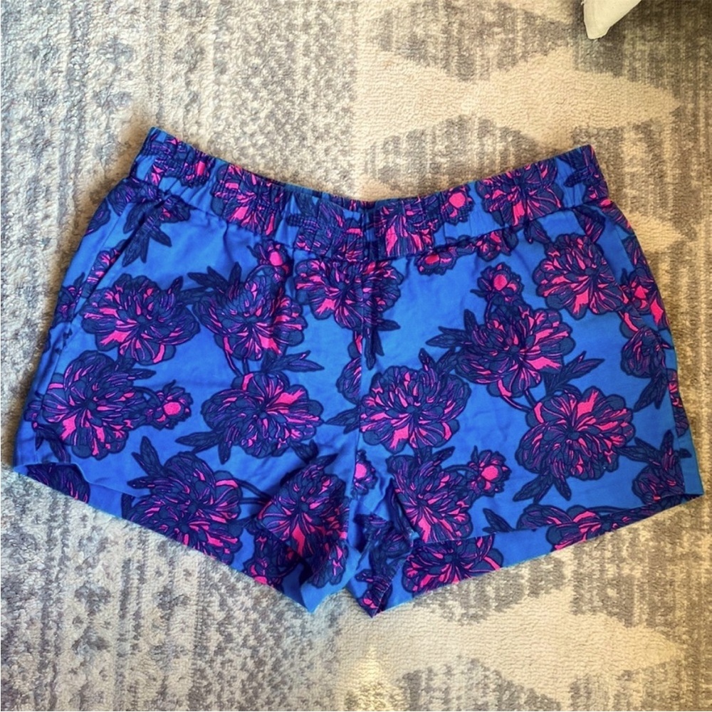 J Crew Cotton Linen Blue and Pink Floral Print Shorts